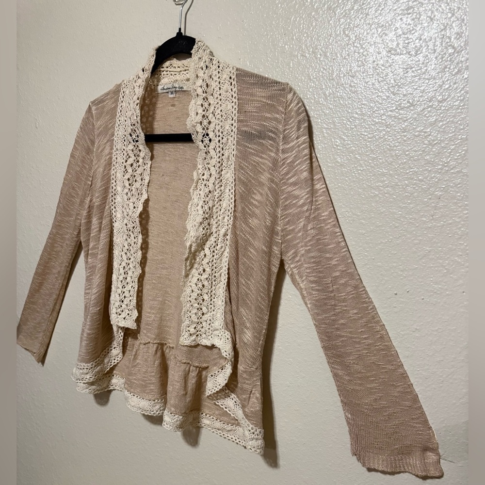 American Rag Lace Trim Open-Front Cardigan | Lightweight Layer | Medium - Picture 3 of 4